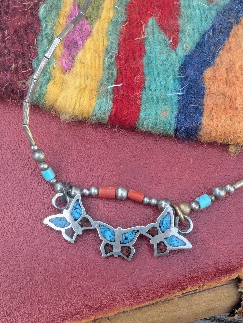 Vintage Sterling Butterfly Inlay Beaded Necklace - Turquoise & Coral Accent